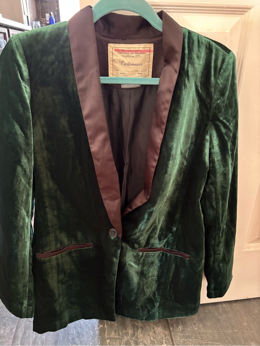 Cartonnier Green Velvet Blazer with Brown Trim